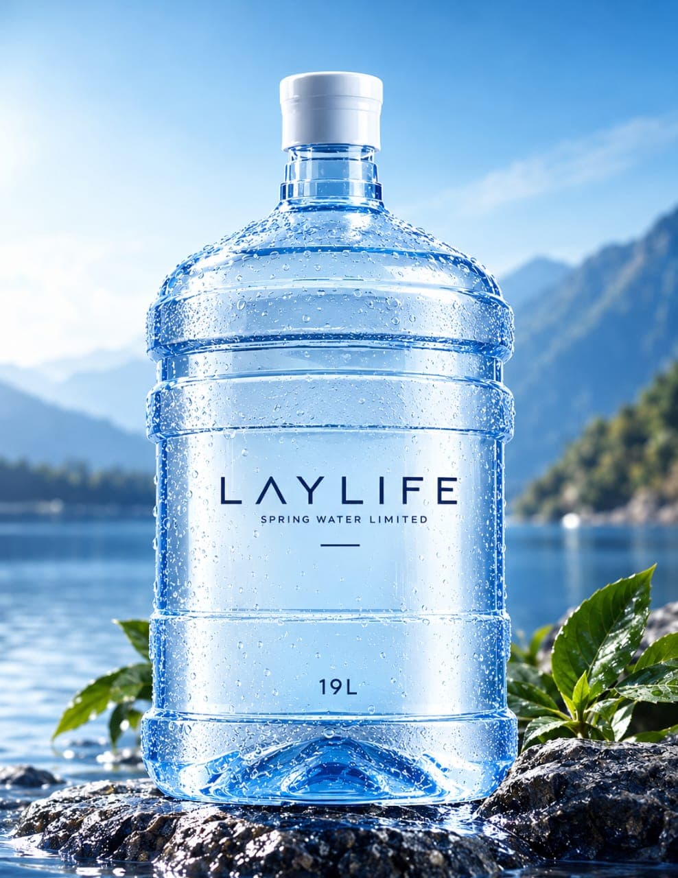 LAYLIFE large dispenser water bottle on a rock beside a lake