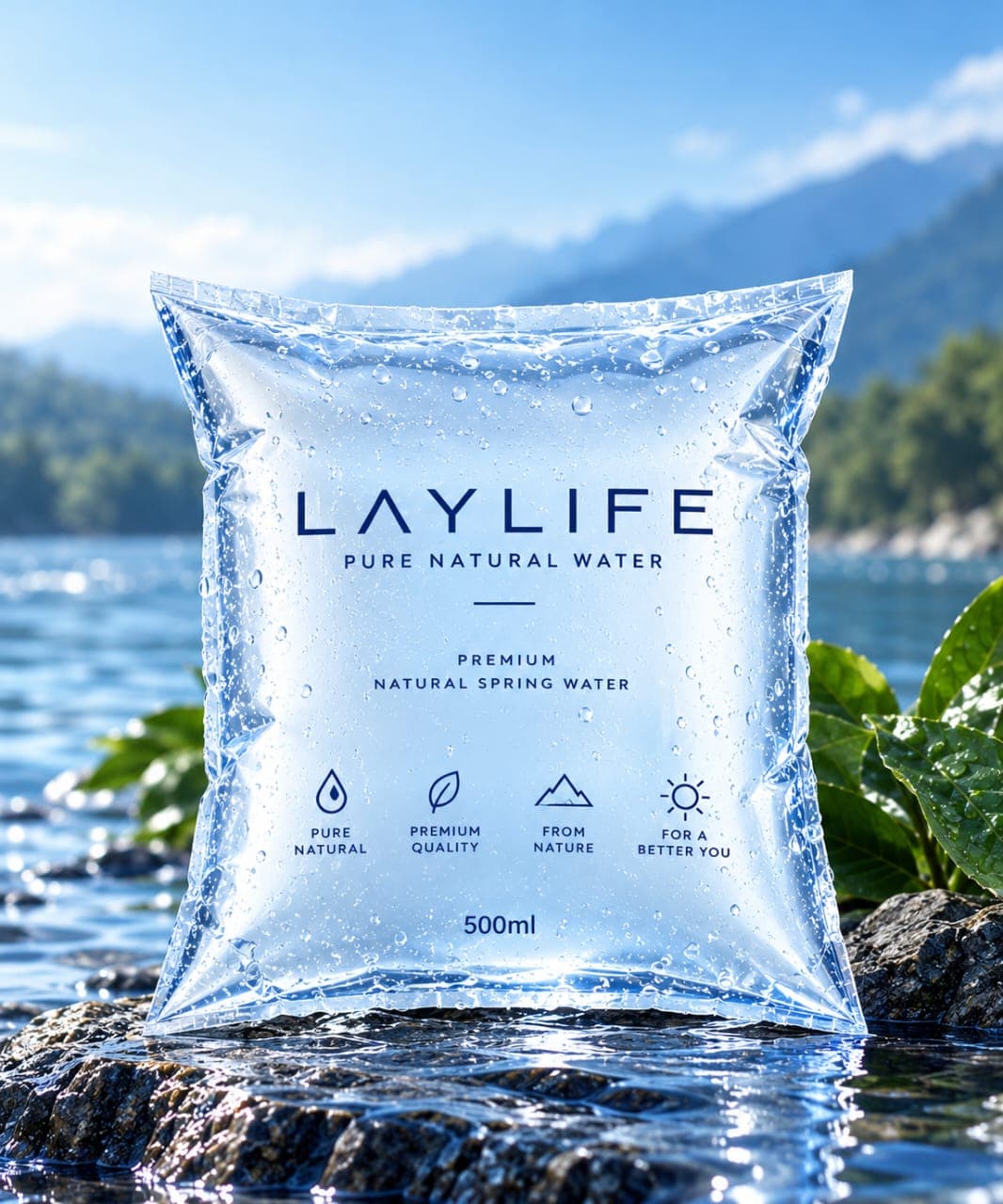 LAYLIFE water sachet resting on a rock at the edge of a lake